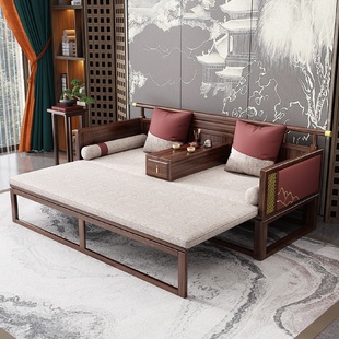 新中式罗汉床茶桌椅组合乌金木实木沙发床两用推拉床现代简约床榻