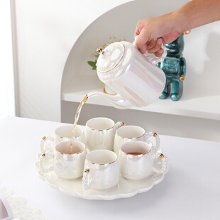 珍珠白家用客厅陶瓷茶具水具杯具水壶杯套 轻奢高级感陶瓷水具套装