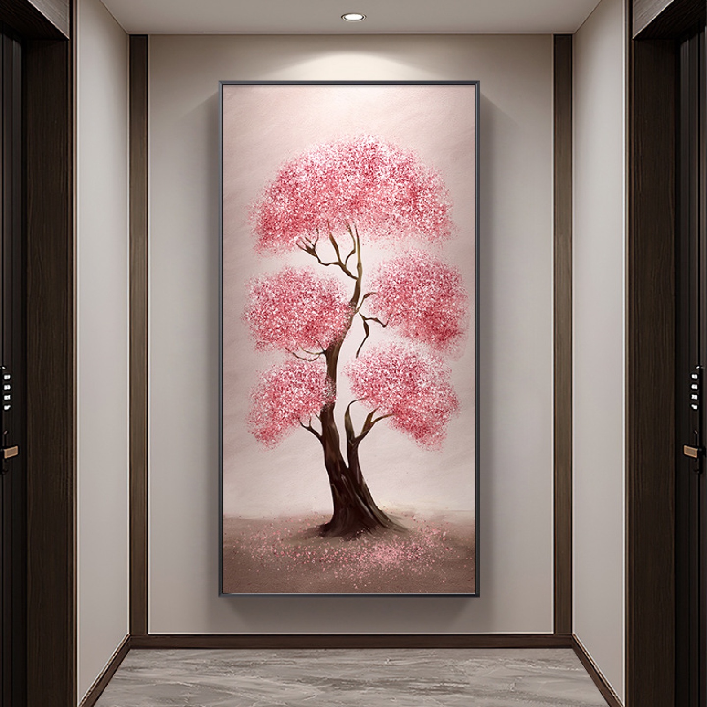 手绘玄关挂画发财树走廊尽头装饰画大芬村油画粉色竖版楼梯间壁画图片