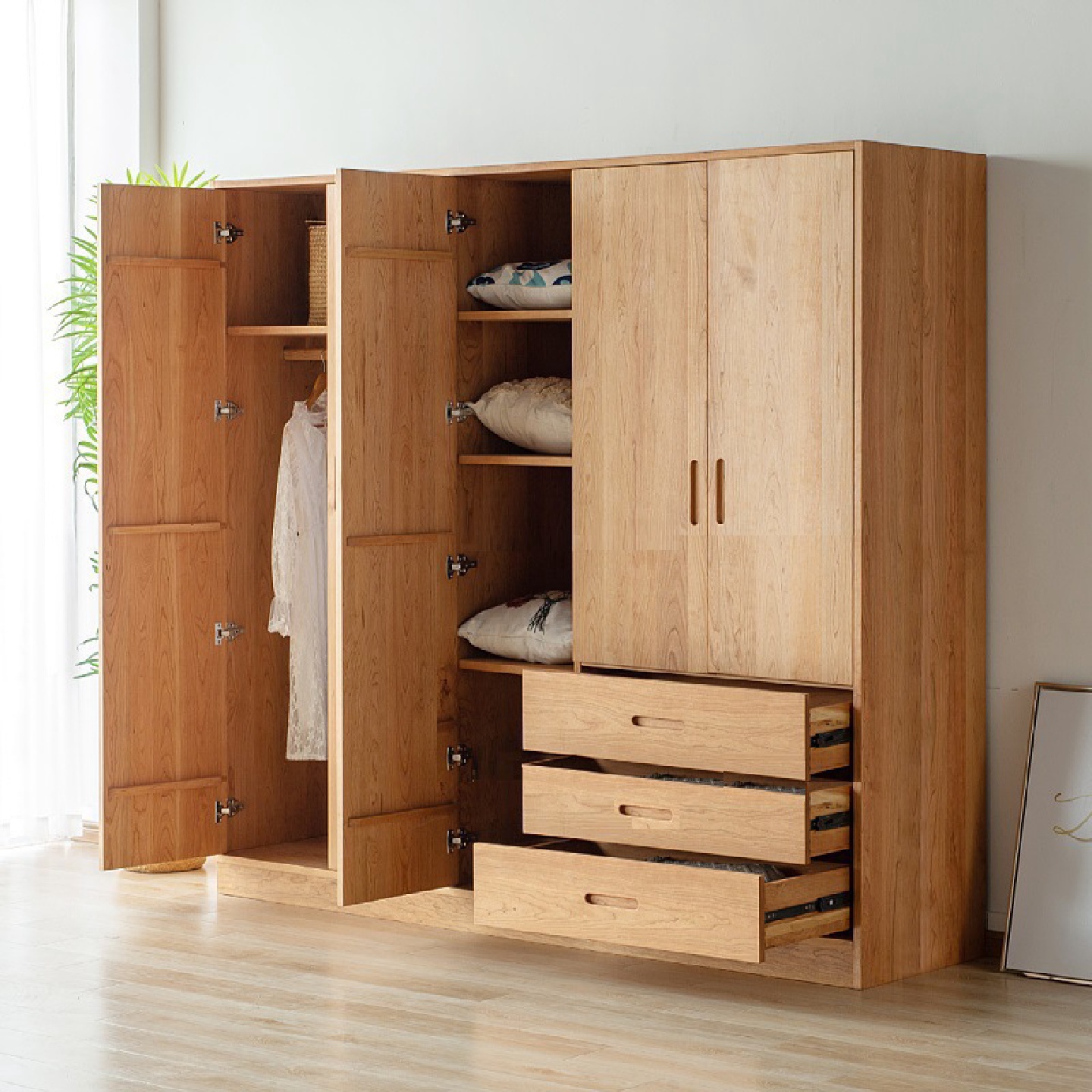 北欧樱桃原木日式卧室衣柜黑胡桃木全实木平开门板门储物衣橱柜