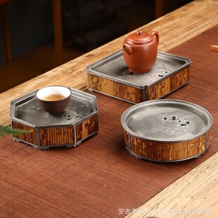 手工梅妃茶台 纯锡壶承干泡盘家用简约禅意小型储水茶盘茶托盘中式