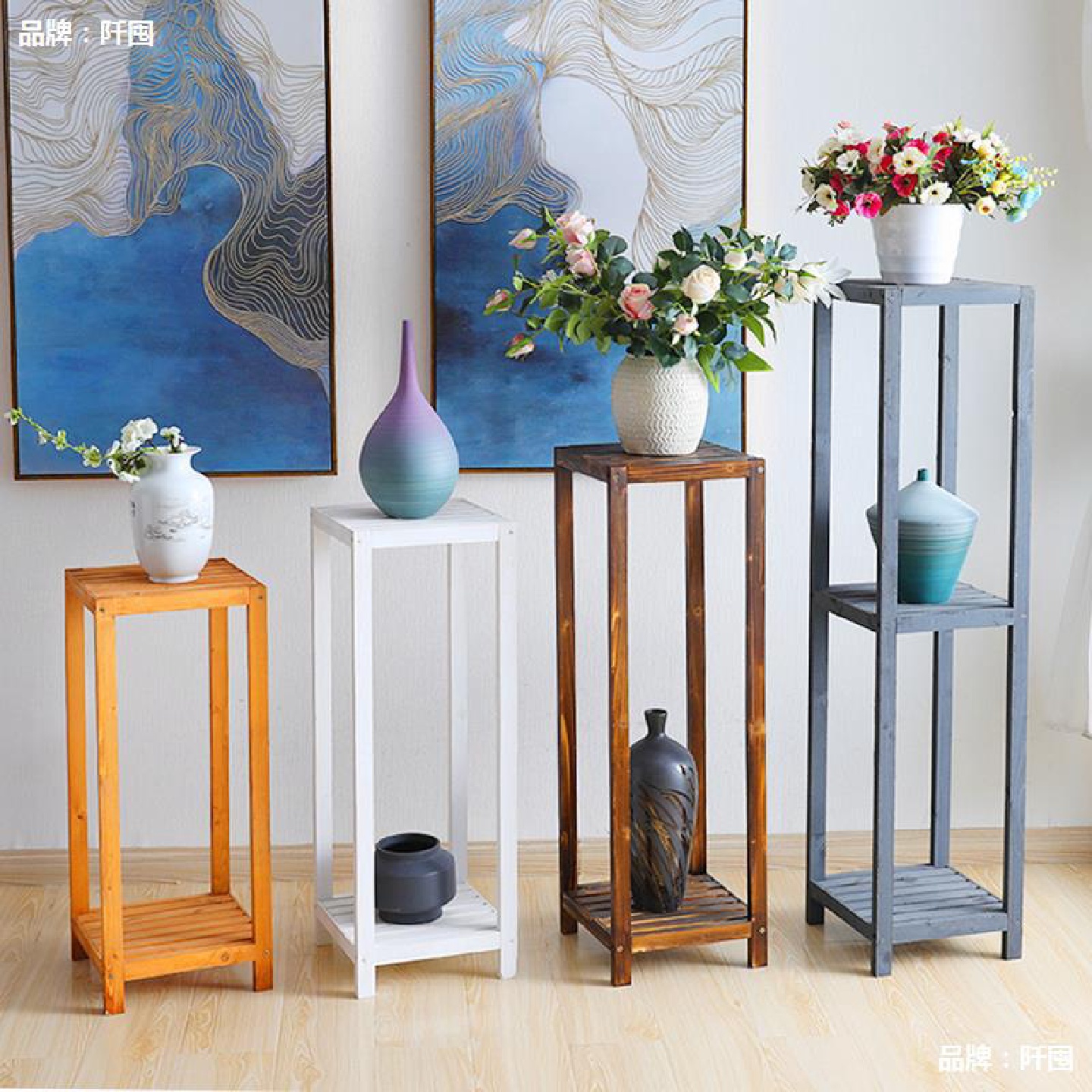 室内实木新中式花架子客厅阳台落地放花盆的多层木质盆景架子单个