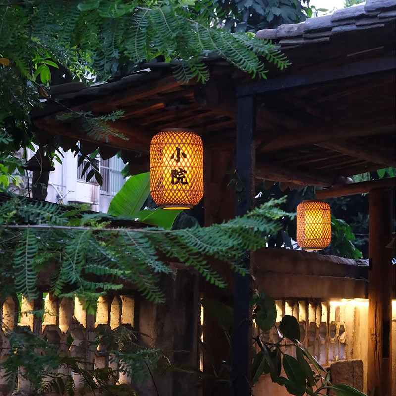 小院里竹编灯笼印字防水防晒复古风中式屋檐吊灯用仿古蘑菇
