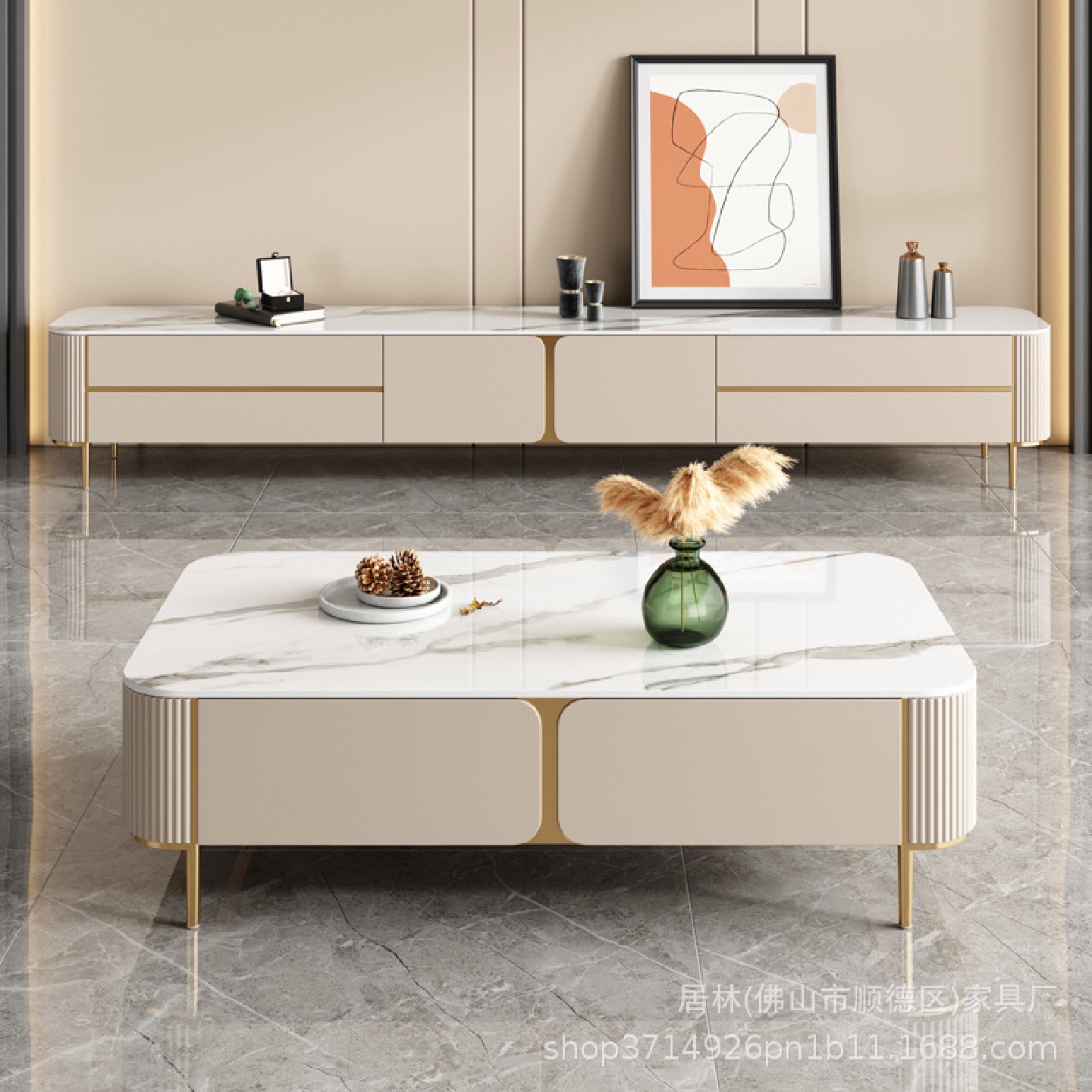 轻奢风岩板茶几方桌电视柜组合新款客厅家用简约现代烤漆斗柜茶几