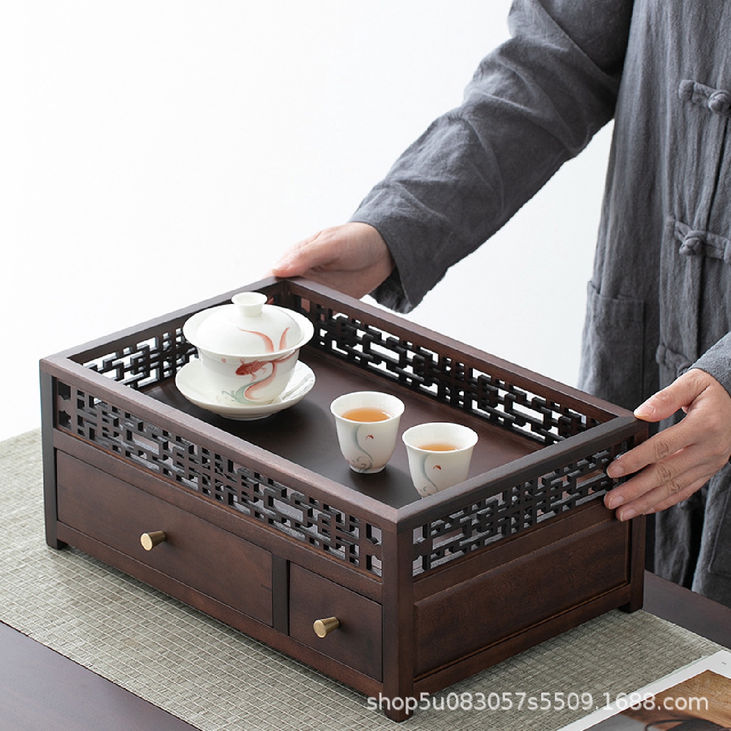 茶具杯子茶壶桌面收纳盒胡桃木抽屉储茶盒家用茶室置物架茶具配件
