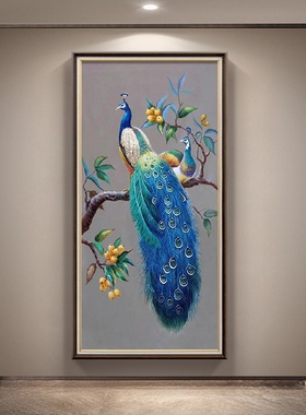 新中式玄关装饰画客厅走廊过道挂画孔雀壁画现代简约入户门正对墙