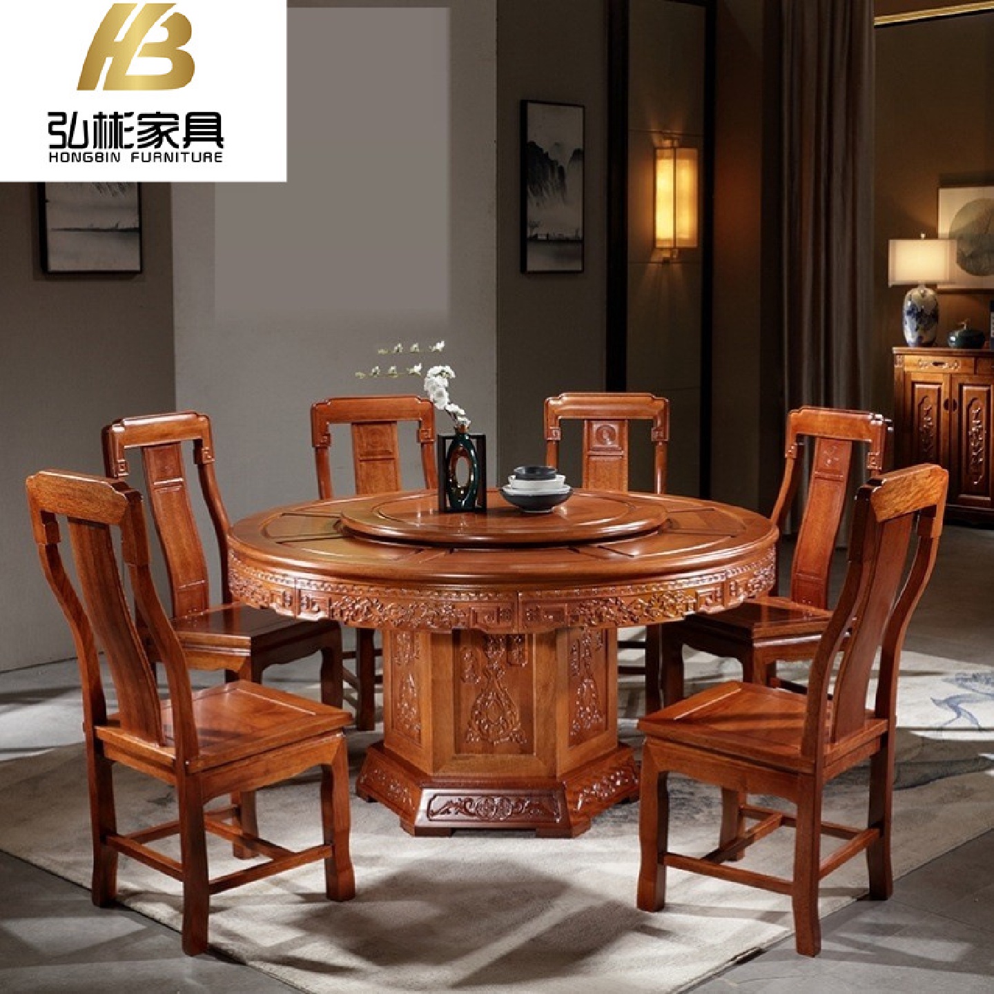 全实木花梨木餐桌椅组合仿古雕花带转盘中式10人酒店家用大圆桌