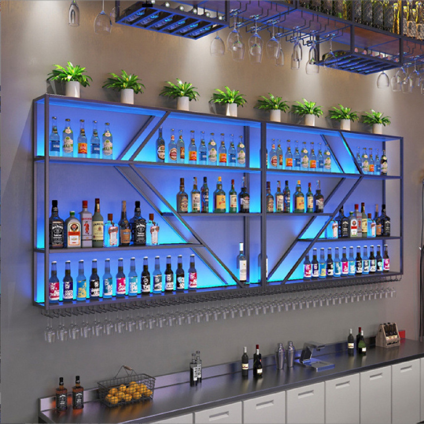 店铺挂墙红酒架子简约吧台壁挂酒柜展示柜铁艺发光酒架白酒置物架