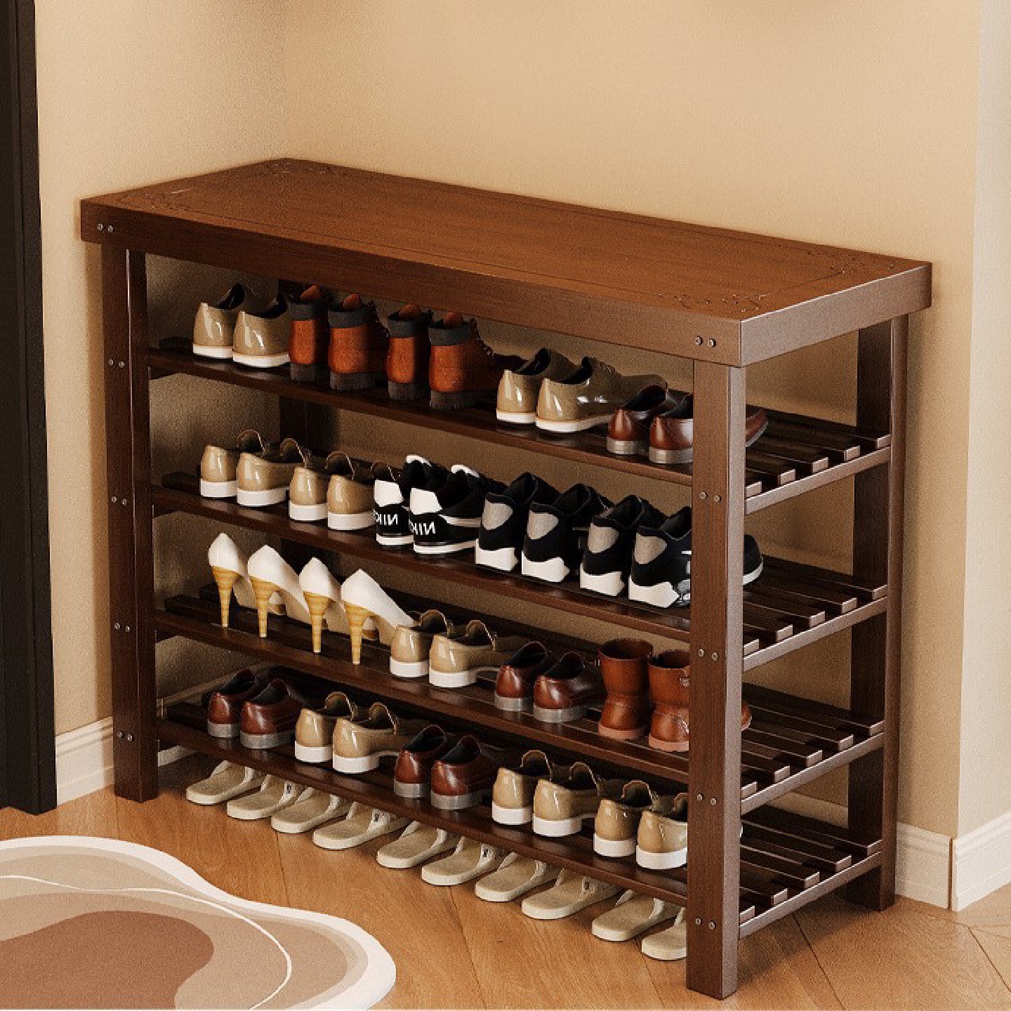 鞋架家用门口可坐多层防尘鞋柜置物架简易现代入户实木收纳换鞋凳