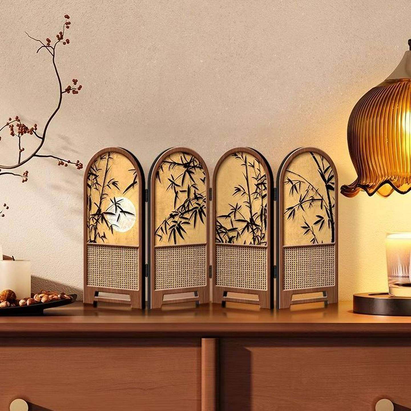 小屏风摆件中古风竹子新款桌面摆台画折叠折屏高级感电视柜装饰画