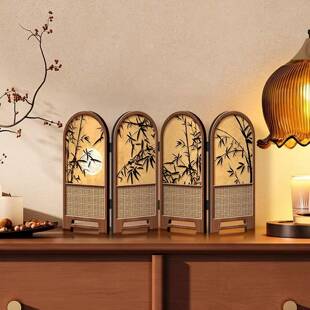 小屏风摆件中古风竹子新款桌面摆台画折叠折屏高级感电视柜装饰画