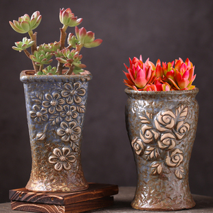 陶瓷多肉花盆创意缺口黑法师多肉老桩圆复古方形肉肉绿植粗陶高盆