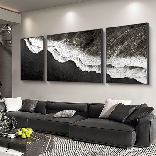 黑色海滩三联客厅装饰画轻奢大气沙发背景墙挂画海景图极简风壁画