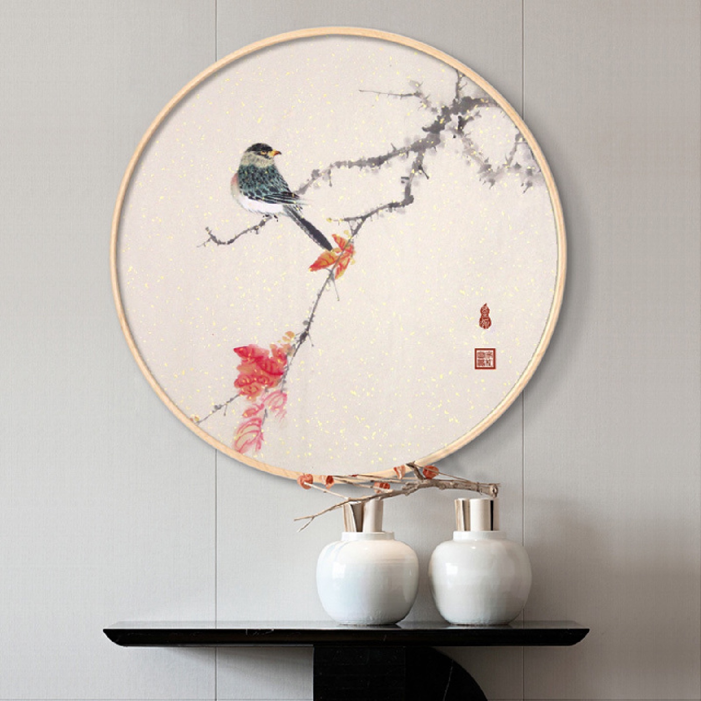 新中式禅意圆形装饰画玄关书房挂画现代花鸟茶室古风民宿墙壁墙画图片