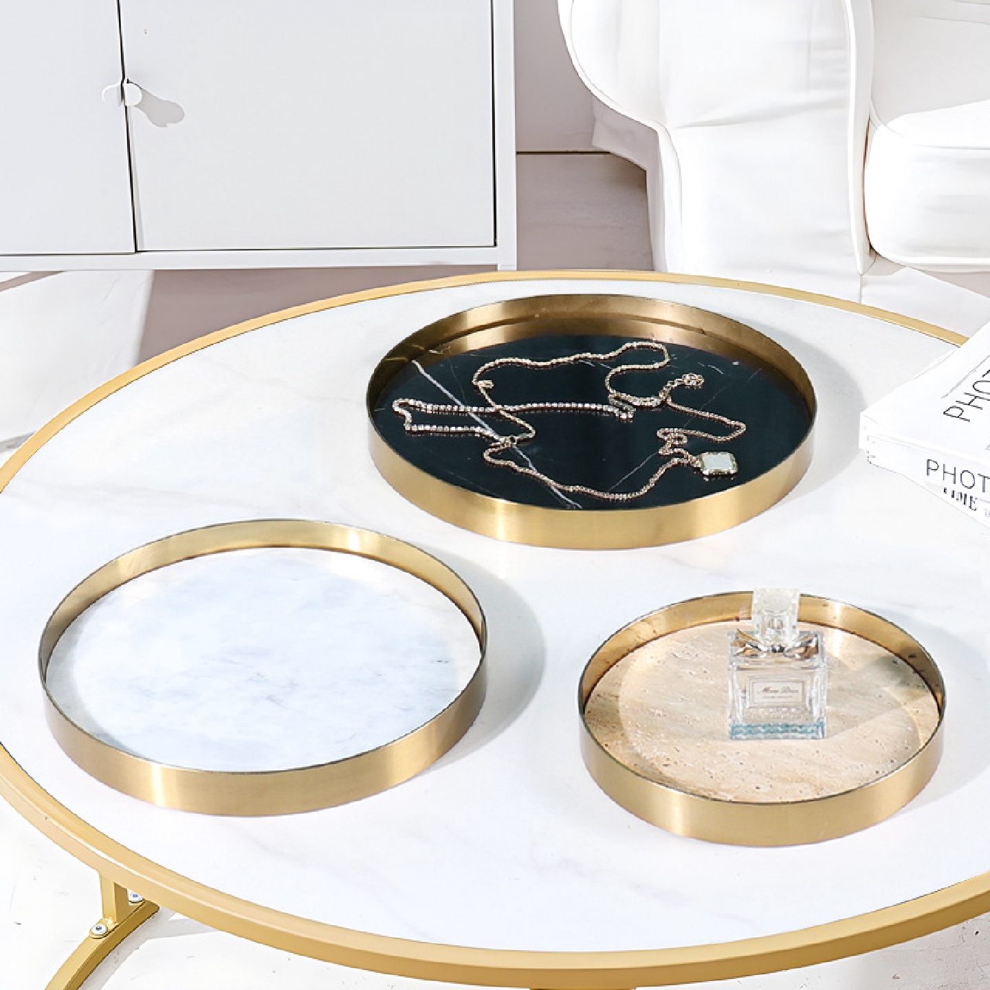 北欧ins风天然大理石圆形金属框托盘创意家居化妆品首饰收纳托盘