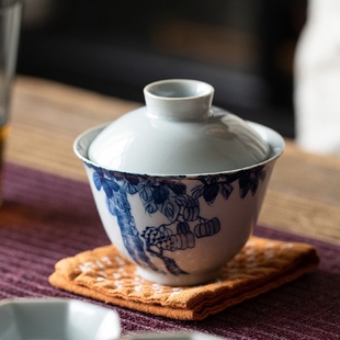 且来手绘青花瓷复古盖碗茶杯茶碗带盖轻奢单个大号功夫家用茶具