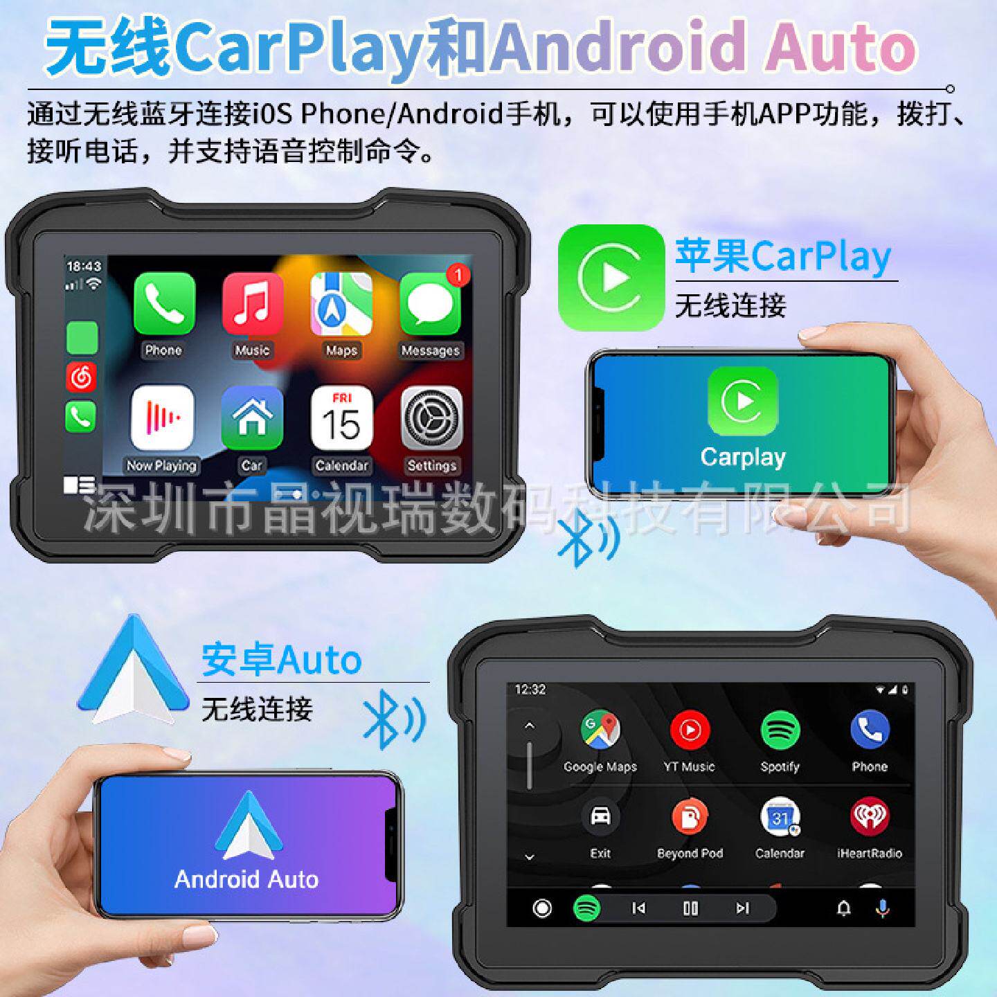 跨境专用摩托车记录仪无线Carplay/Androidauto5寸高清双镜头胎压
