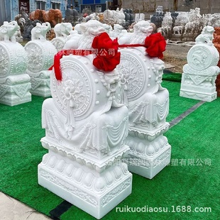 酒店麒麟小象别墅门口摆件 石雕汉白玉狮子门墩抱鼓石一对家用中式