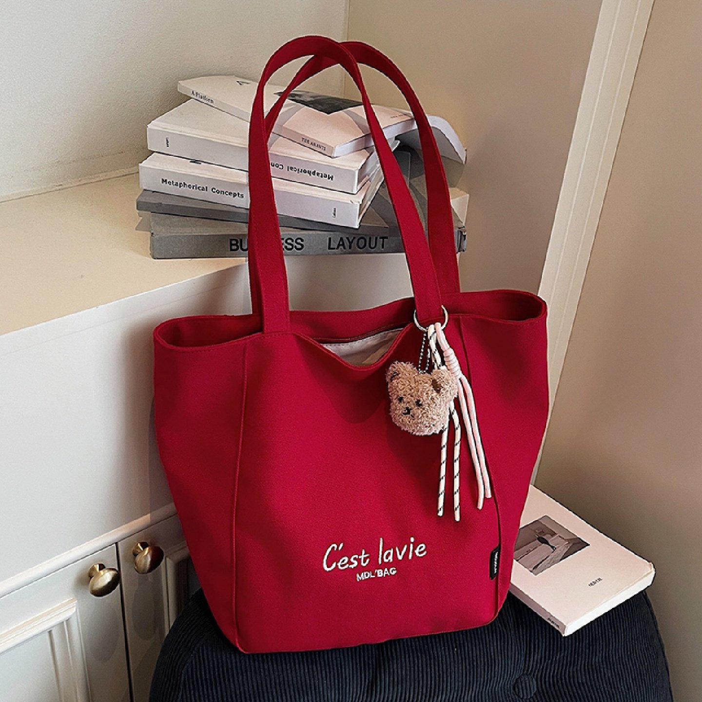 甜心同款大容量红色帆布包女2025新款时尚刺绣手提袋高级感托特包