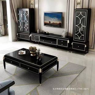 美式 橡木长方形茶桌香槟家具 轻奢茶几电视柜组合客厅全实木欧式