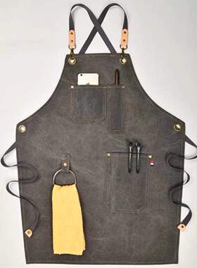 定 制真 皮灰色牛仔帆布交叉围裙水洗过蜡干腊围裙外单出口品质