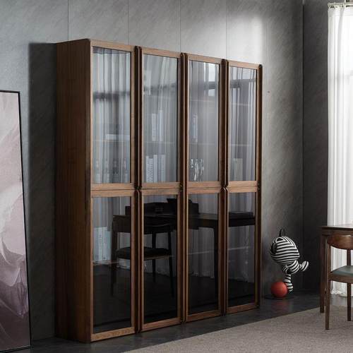 北美黑胡桃木书柜组合全实木带玻璃门简约现代北欧置物柜客厅书架