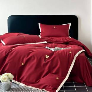 100支双股长绒棉四件套高端简约刺绣全棉纯棉红色被套陪嫁床品