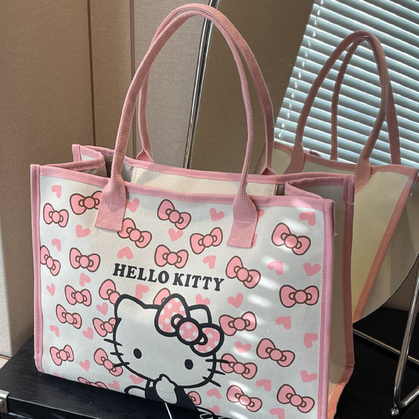 日系卡通粉色帆布包女大容量秋冬休闲单肩托特包妈咪包轻便手提袋