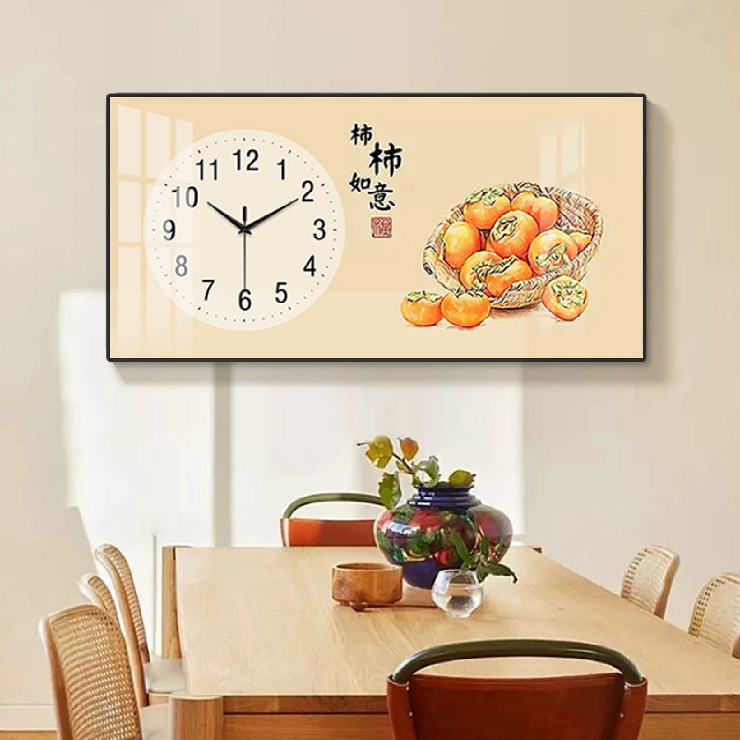 钟表挂画柿柿如意镶钻餐厅客厅装饰画2026新款中式高级钟表画装饰