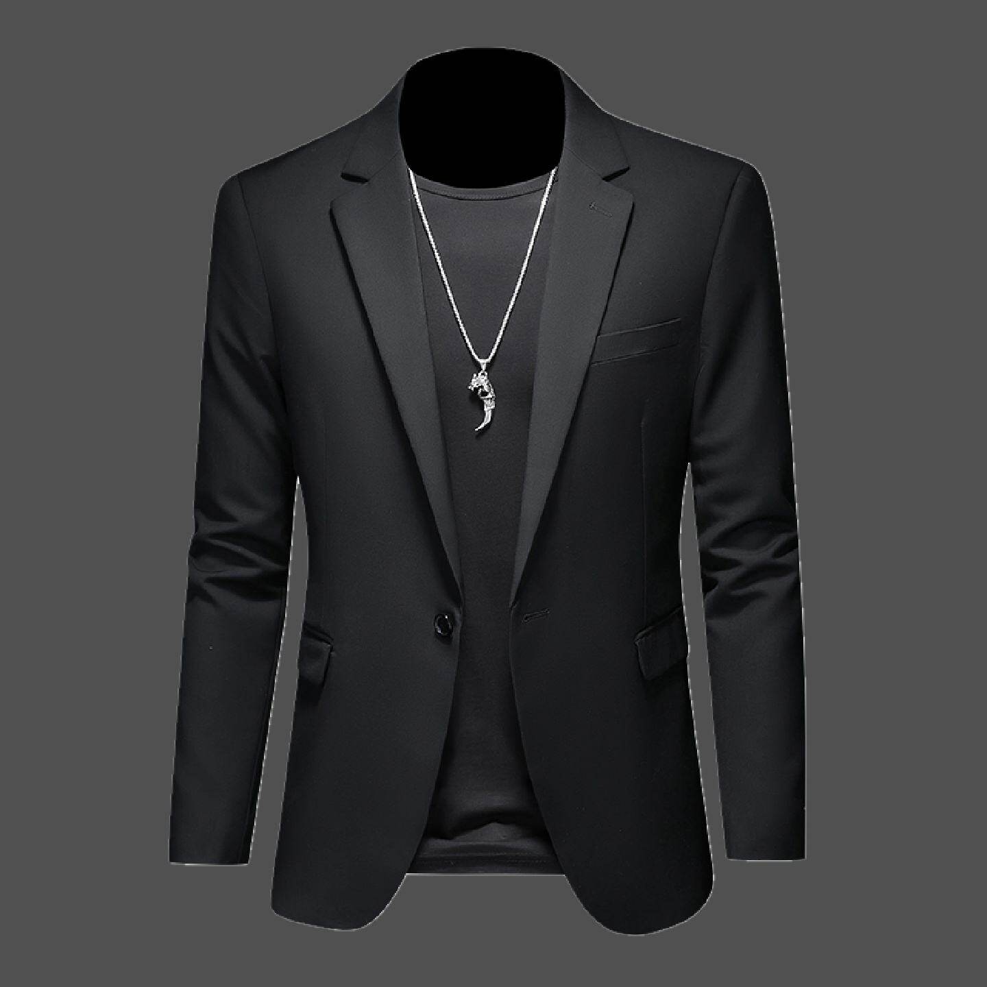 西服上衣男士商务休闲双开叉纯色大码西装春秋季黑色便服单西外套
