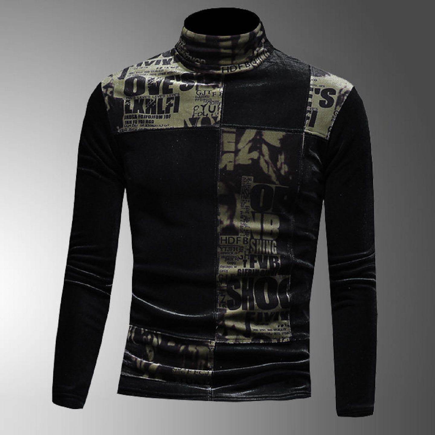 金丝绒打底衫男士秋冬加绒保暖拼接长袖恤韩版修身高领体恤小衫潮