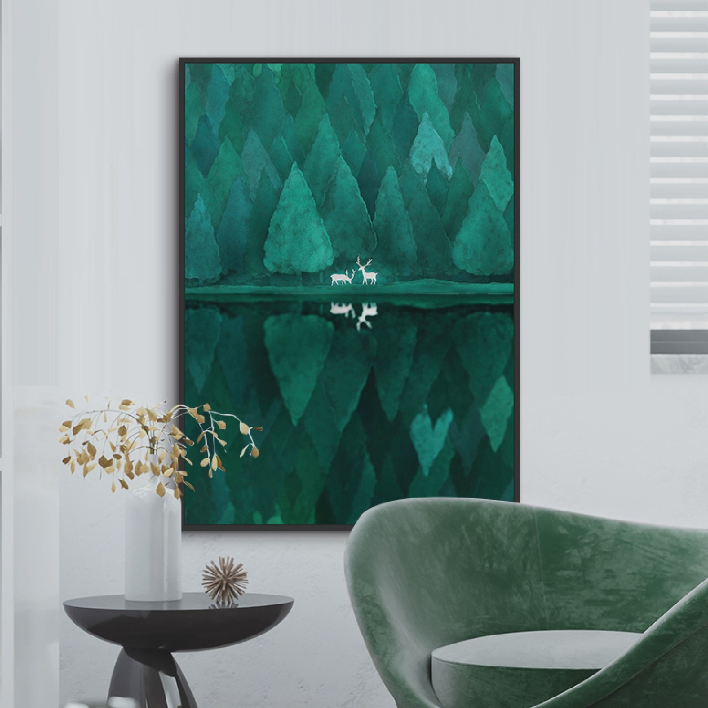 鳟鱼签约艺术家千山古两祇鹿客厅装饰画卧室床头画餐厅玄关挂画图片