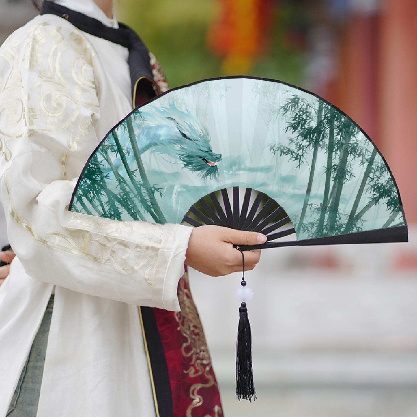 中国风古典折叠折扇竹林舞蹈扇子古风团扇8寸绫绢半手工手持扇