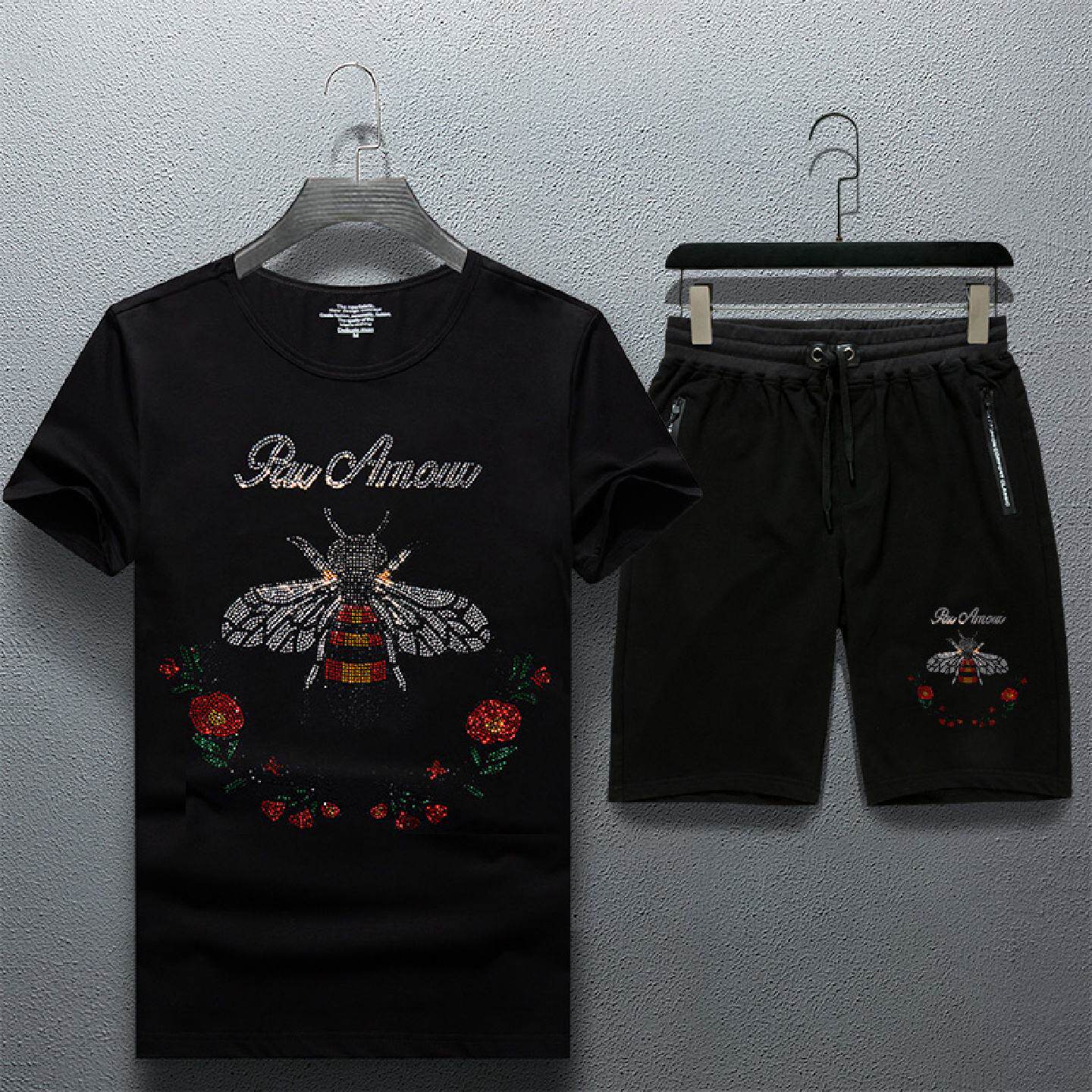 2026春季套装男休闲潮牌运动服韩版帅气时尚烫钻短袖恤衣服潮流搭