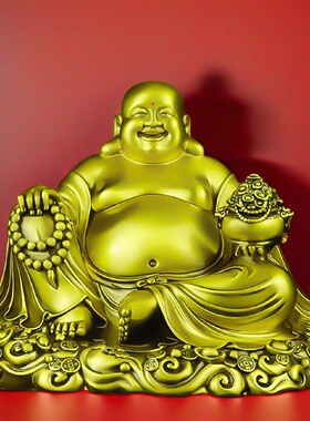 黄铜弥勒佛摆件大肚开心笑佛菩萨招财客厅家用供奉佛像大号铜像