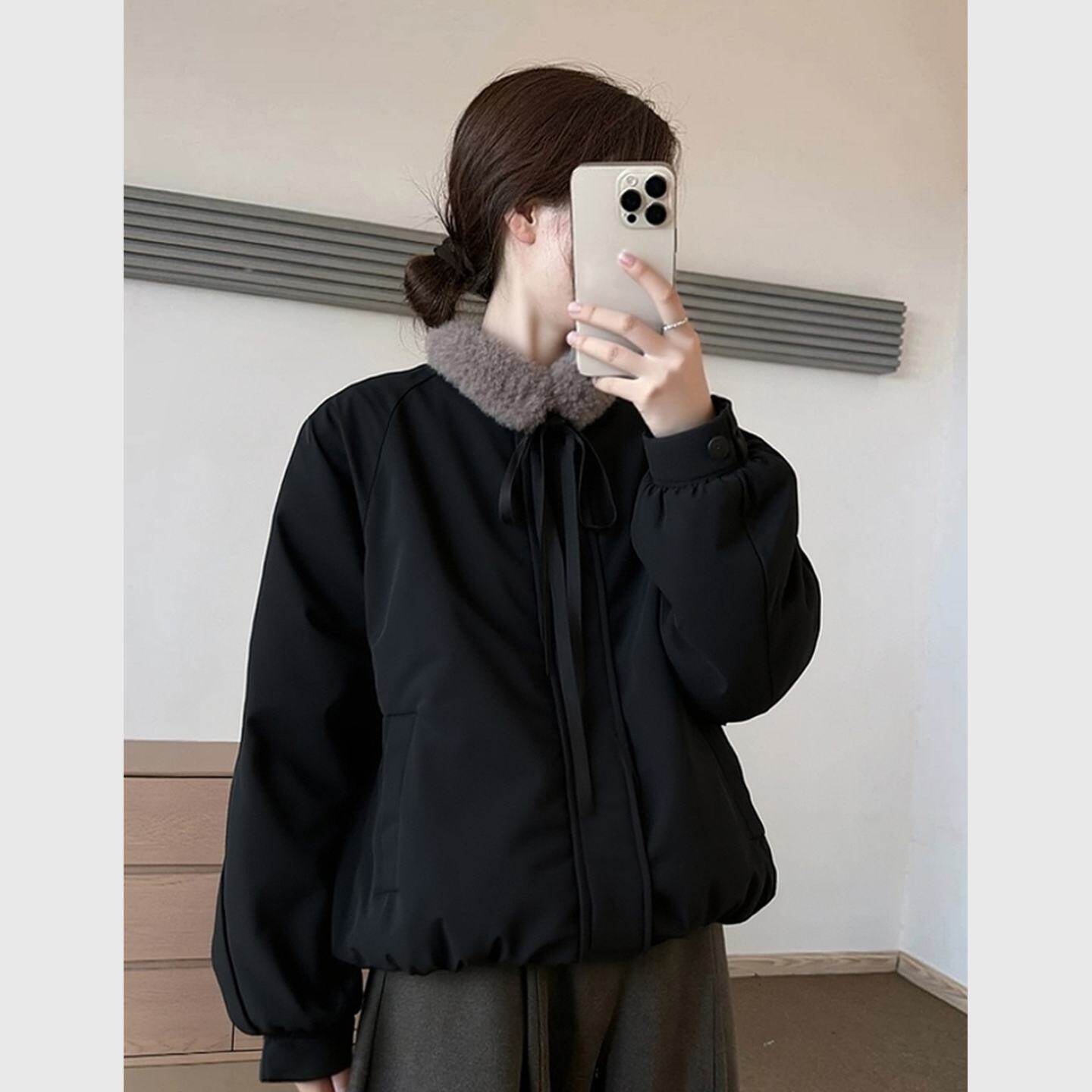优雅风秋冬设计感小众长袖黑色毛领短外套女宽松休闲保暖棉服夹克