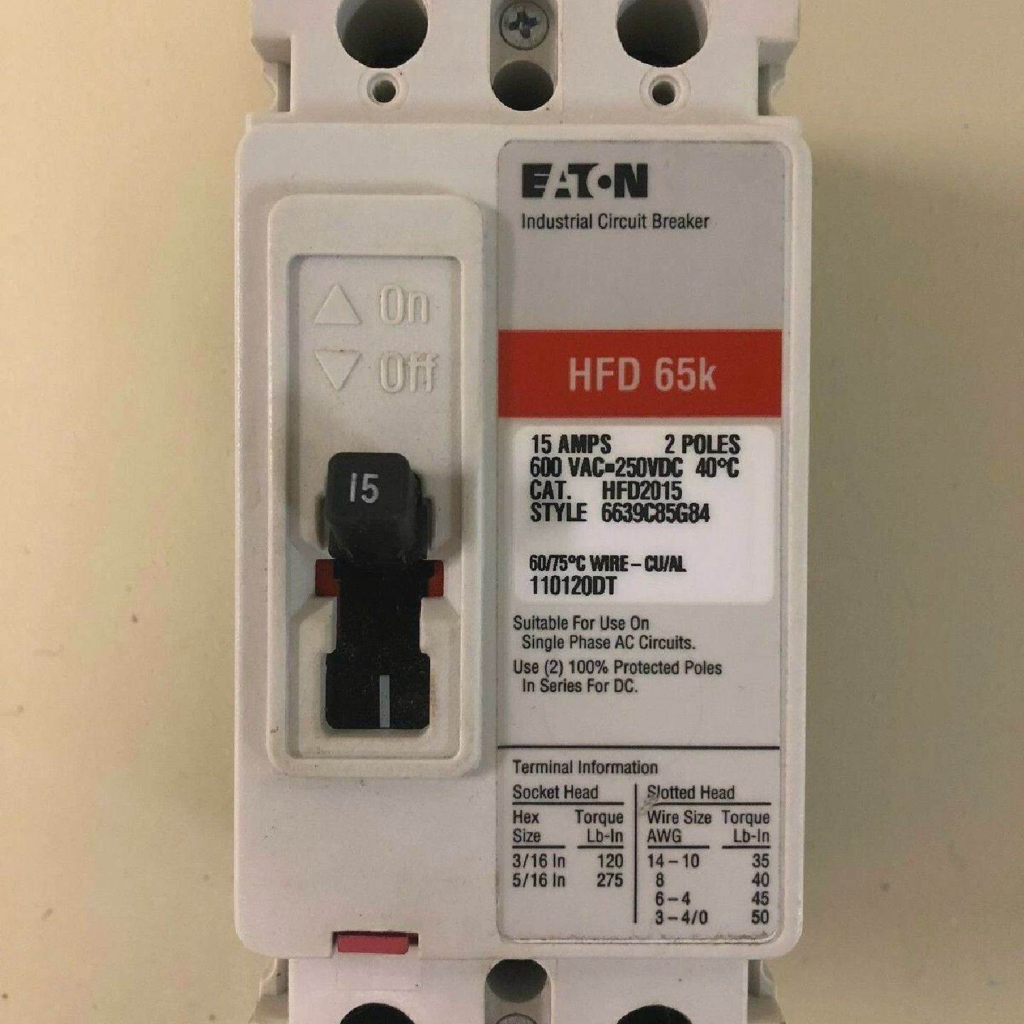 NEW Eaton HFD HFD2015 2 Pole 15 Amp 600V RED LABEL Circuit B