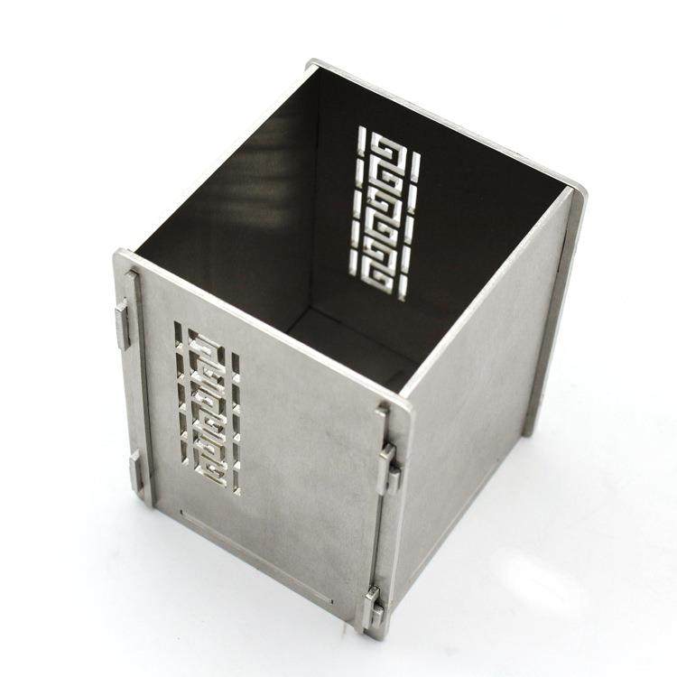 直销不锈钢卡片式手动组装中式创意古典方形桌面收纳笔筒摆件