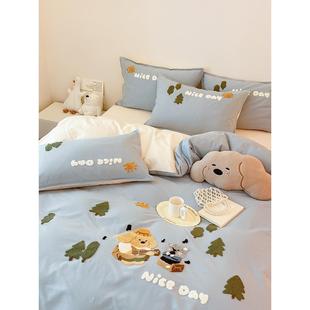 秋冬卡通全棉磨毛床单四件套可爱动物毛巾绣纯棉加厚被套床上用品