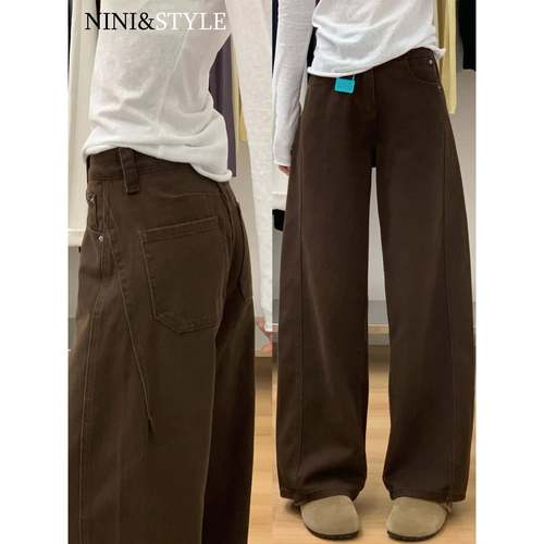 咖啡色阔腿牛仔裤女2025秋冬新款棕色小个子高腰宽松直筒弯刀裤子