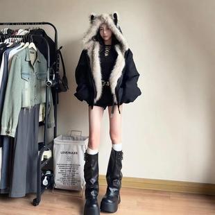 张九亿座山雕毛茸茸毛领冬季 棉服女加绒棉衣棉袄夹棉加厚外套 新款