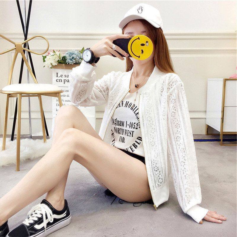 批发夏季薄款韩版长袖蕾丝防晒衣女短款拉链棒球服上衣女代发