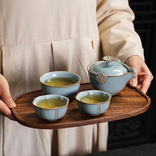 户外便携家用轻奢汝瓷手抓壶快客杯一壶三杯 天青汝窑旅行茶具套装