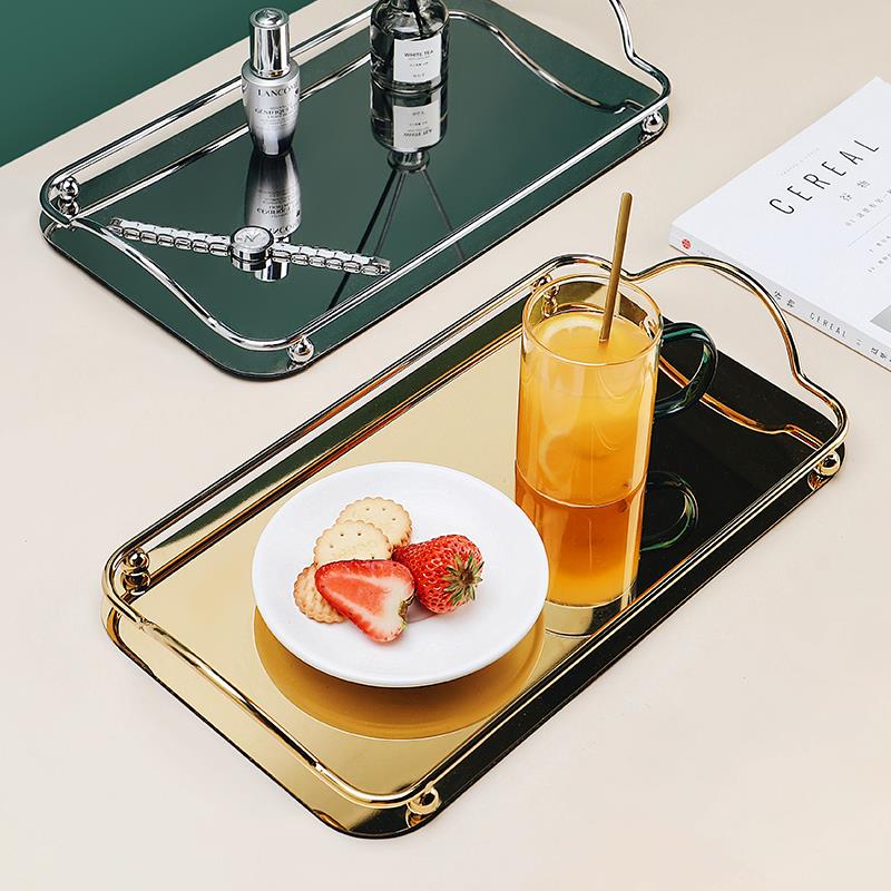 北欧轻奢托盘金属镜面家用放茶水杯子香薰摆件收纳装饰盘高端精致