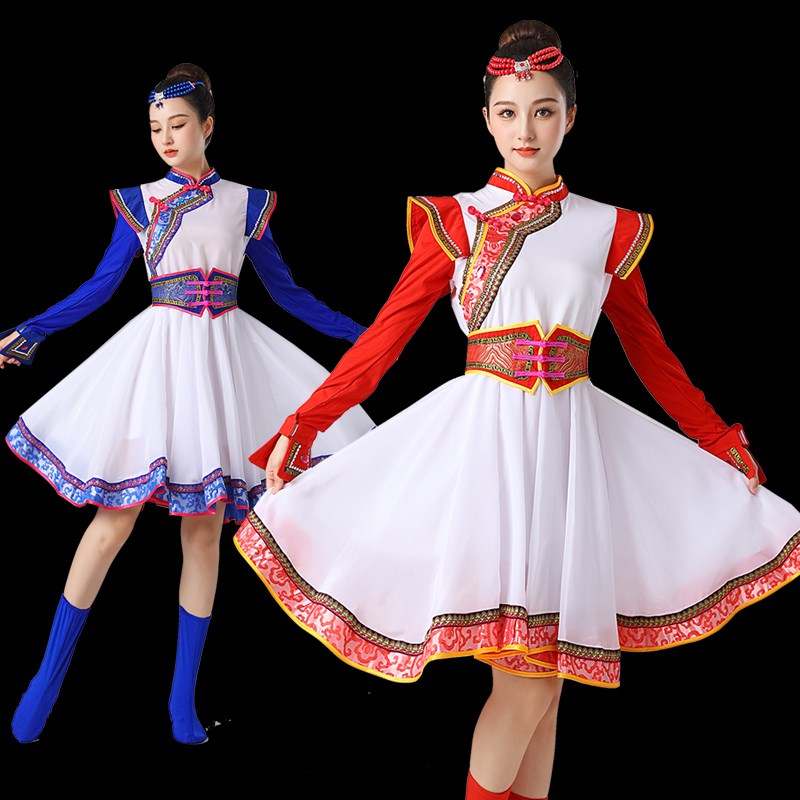 蒙古族舞蹈演出服装女新款民族风广场舞大摆裙连衣裙水袖表演服套