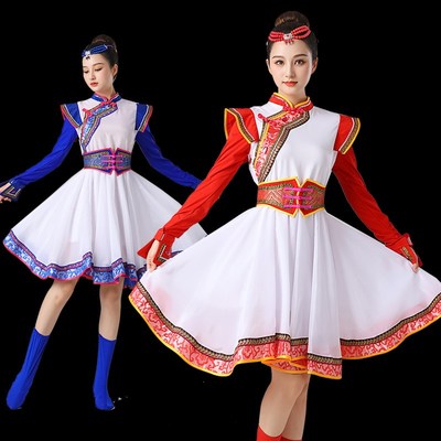 蒙古族舞蹈演出服装女新款民族风广场舞大摆裙连衣裙水袖表演服套