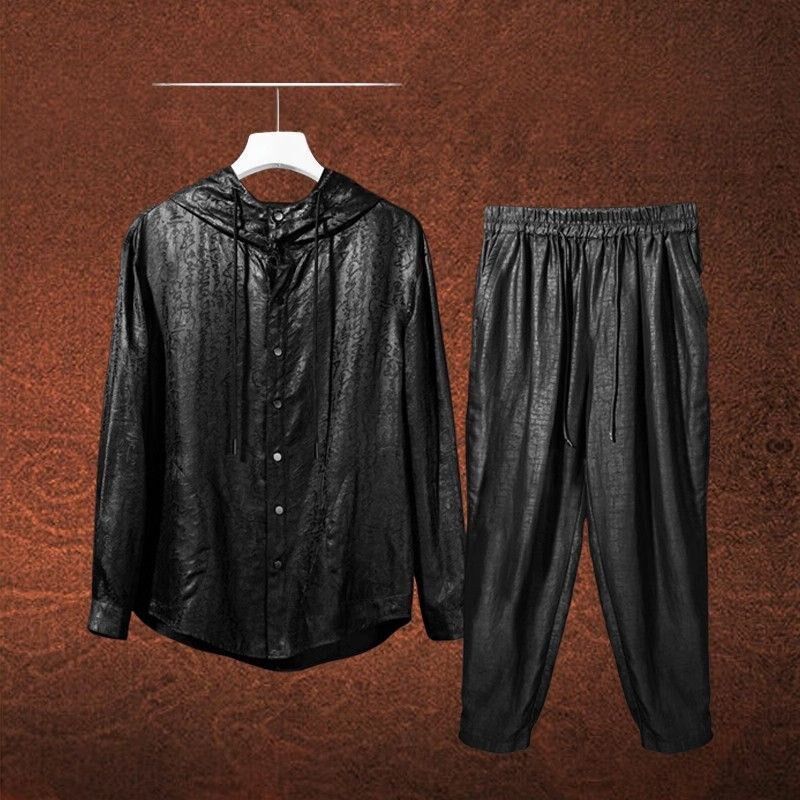 夏季新款帽衫香云纱风衣外套男装高端唐装上衣年轻款品质套装