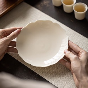杏白釉手工家用高脚葵口壶承干泡台养壶茶承小型蓄水茶盘紫砂壶垫