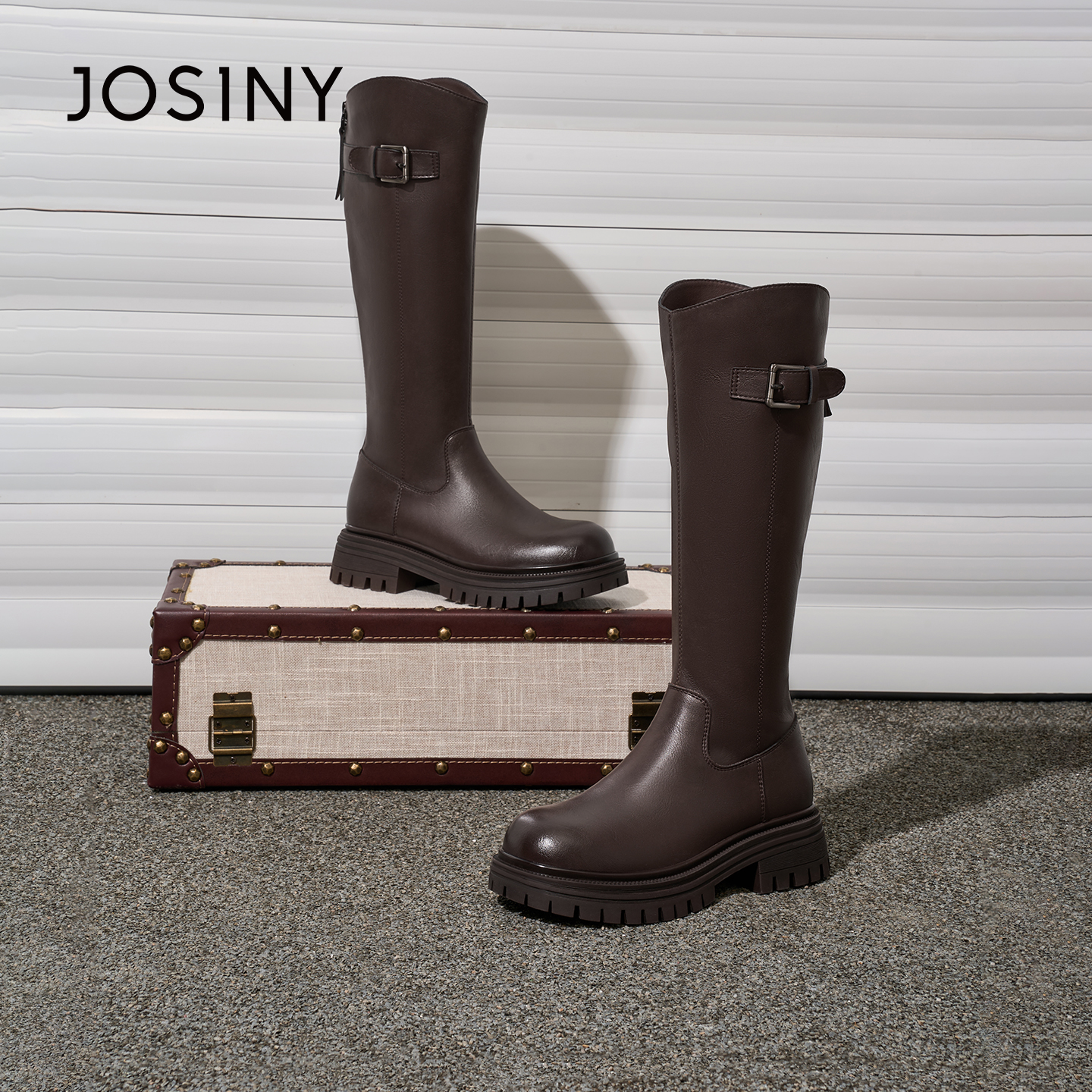 卓诗尼复古粗跟皮带扣后拉链高筒靴女靴骑士靴长筒靴2025冬季新款