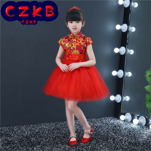 秋冬季儿童古装礼服长袖春节拜年红色女童旗袍秀禾唐装古筝演出服